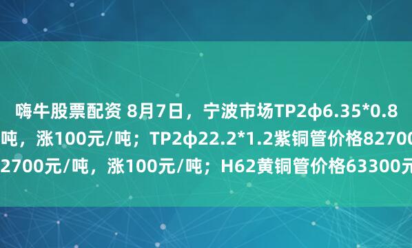 嗨牛股票配资 8月7日，宁波市场TP2φ6.35*0.8紫铜管价格82000元/吨，涨100元/吨；TP2φ22.2*1.2紫铜管价格82700元/吨，涨100元/吨；H62黄铜管价格63300元/吨，涨100元/吨。